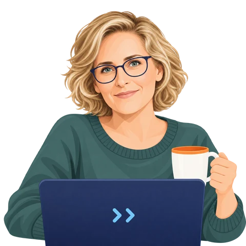 Illustration of Nicole working at her laptop with a cup of tea